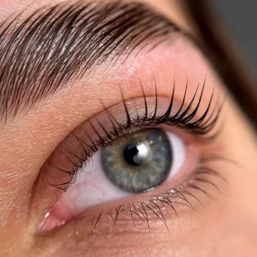 Résultat rehaussement de cils avec teinture noire effet naturel.